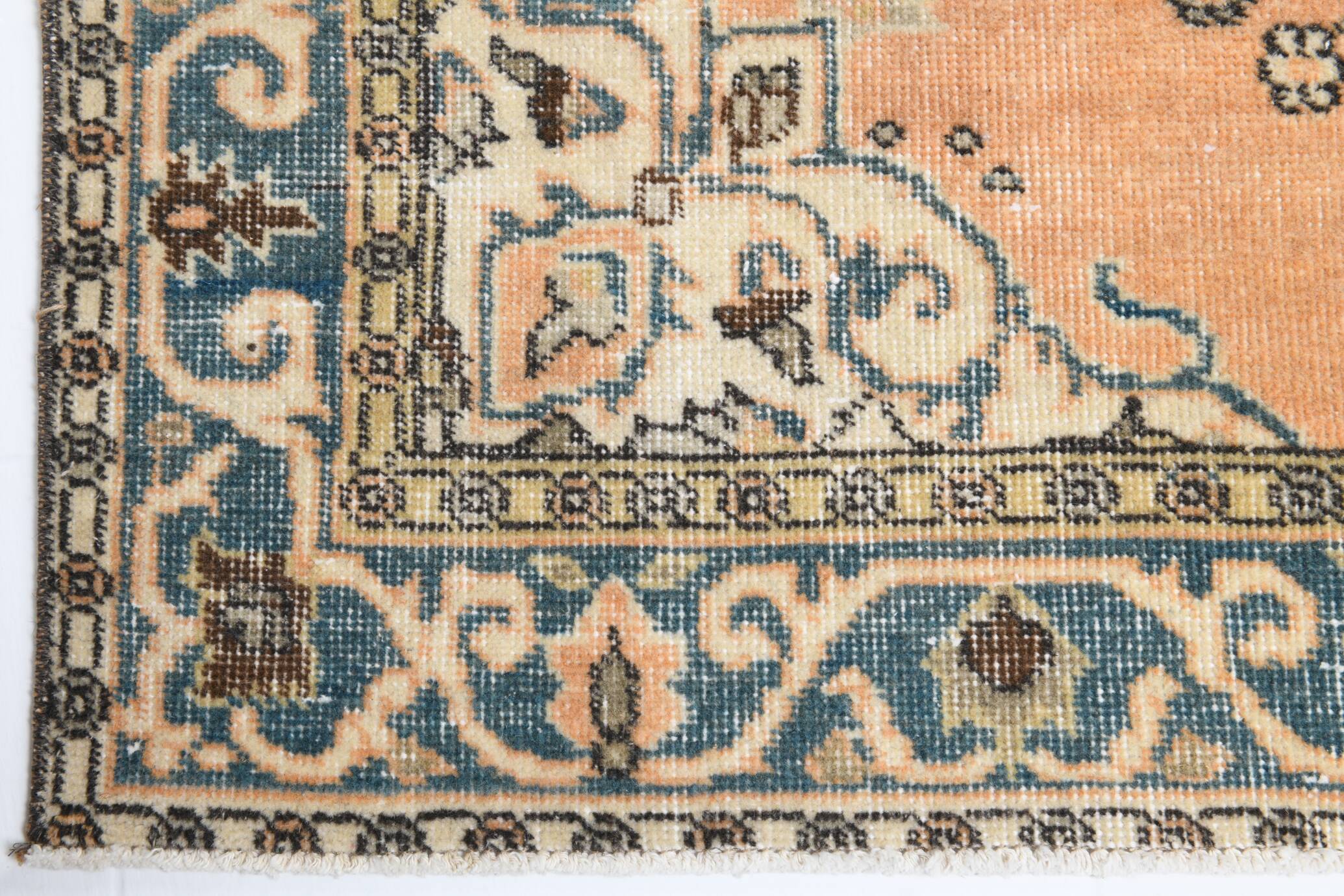 Vintage Peach Oriental Rug, Faded Petrol Blue Border, Soft Handmade Carpet