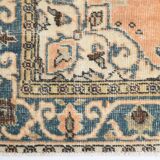 Vintage Peach Oriental Rug, Faded Petrol Blue Border, Soft Handmade Carpet