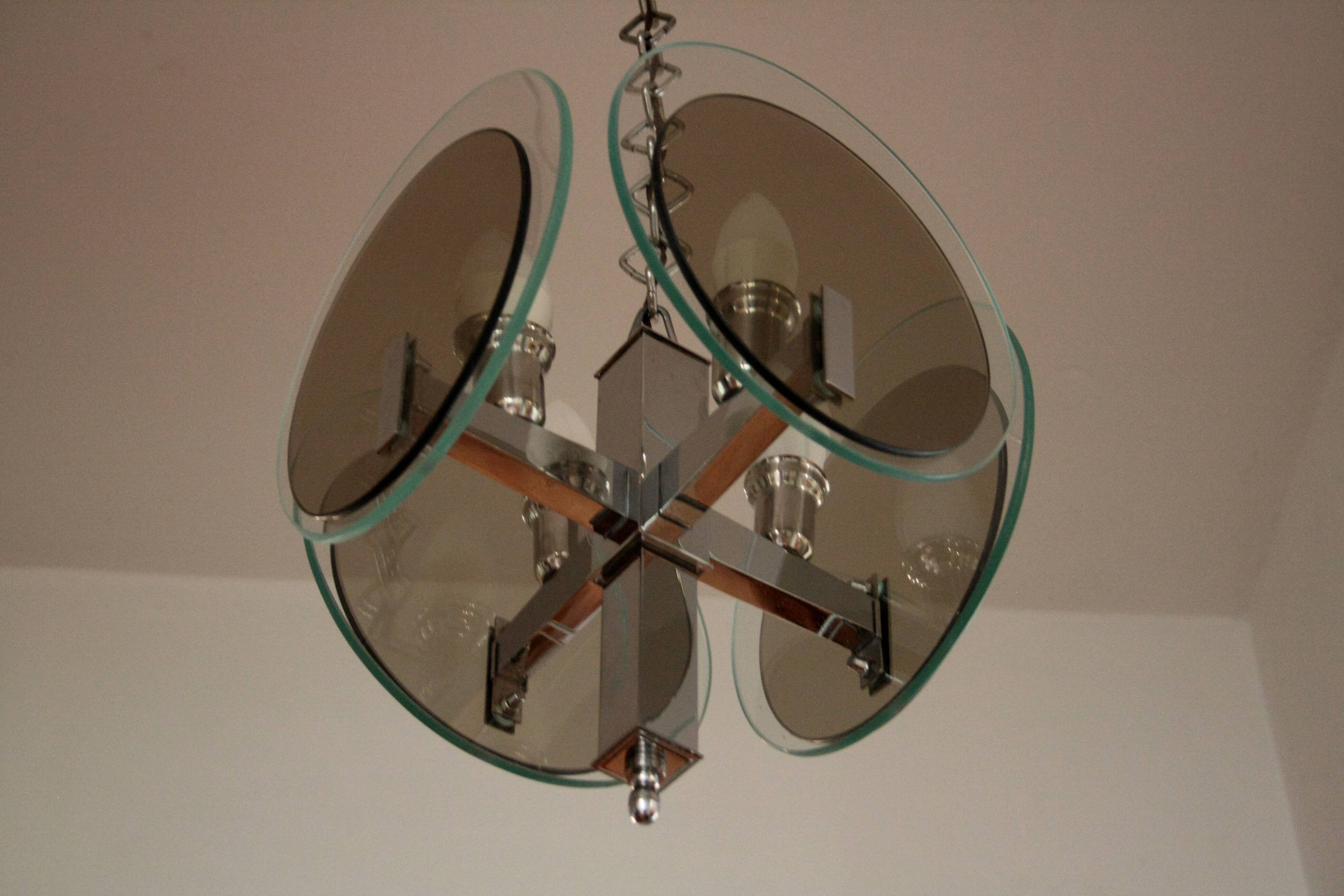 Vintage Art Deco chandelier in chrome metal and glass, Italy, 1970s