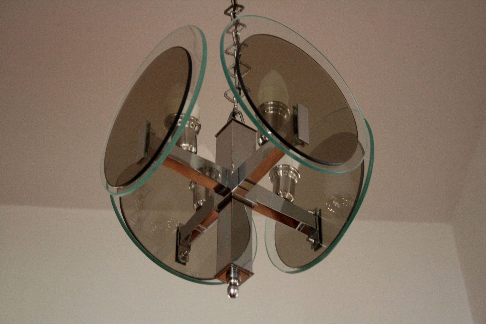 Vintage Art Deco chandelier in chrome metal and glass, Italy, 1970s