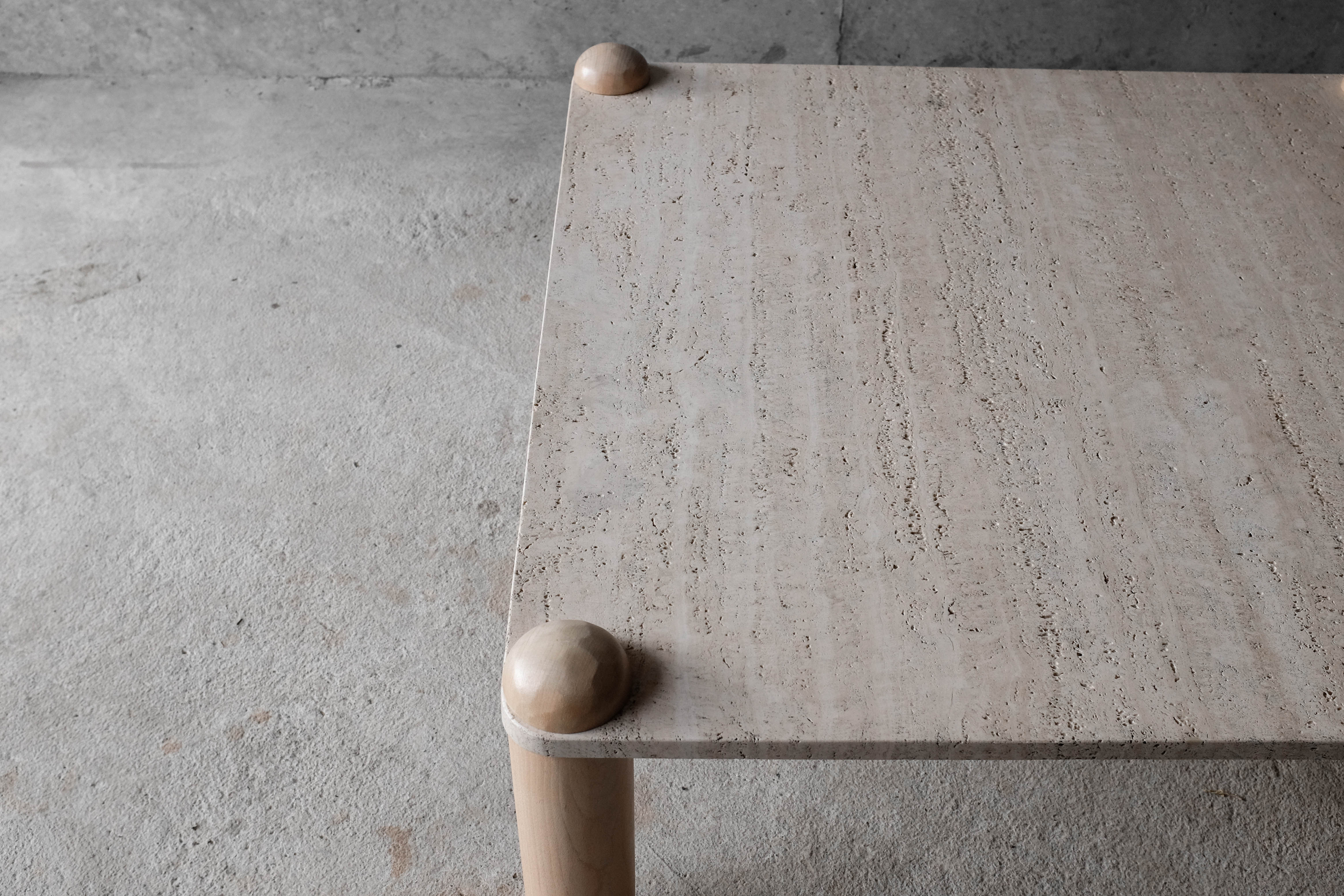 Square bass table in travertine and solid wood - 70s