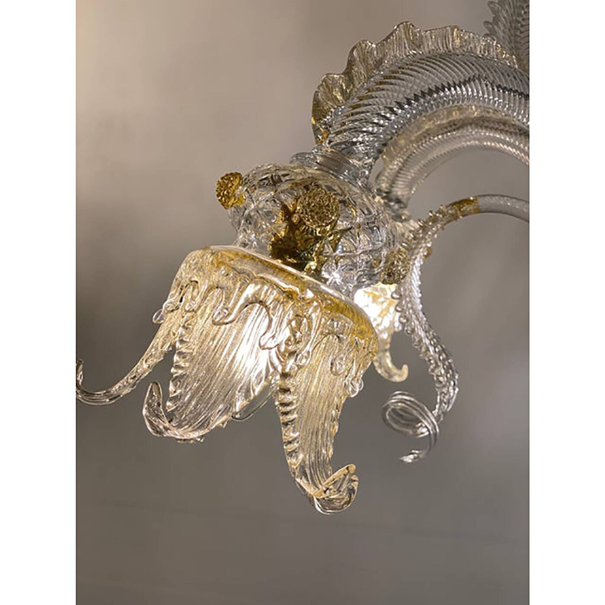 Glass Clear and Gold Chandelier With Flowers and Leaves