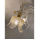 Lustre en verre transparent et doré avec fleurs et feuilles