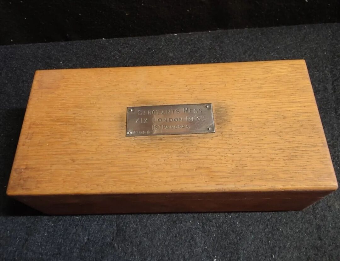 English cigarette box wood and silver plate 19th regiment london old mess