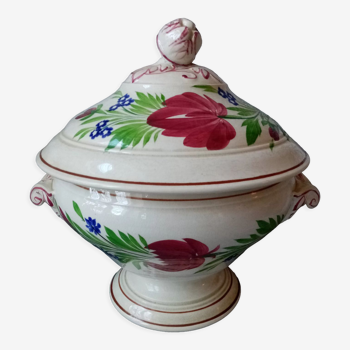 Soupiere with floral decoration painted by hand sarreguemines signed