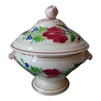 Soupiere with floral decoration painted by hand sarreguemines signed