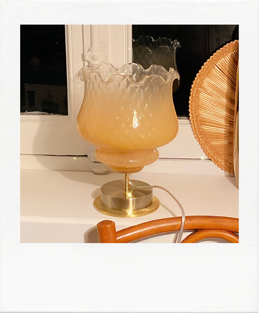 Brass table lamp and quilted glass