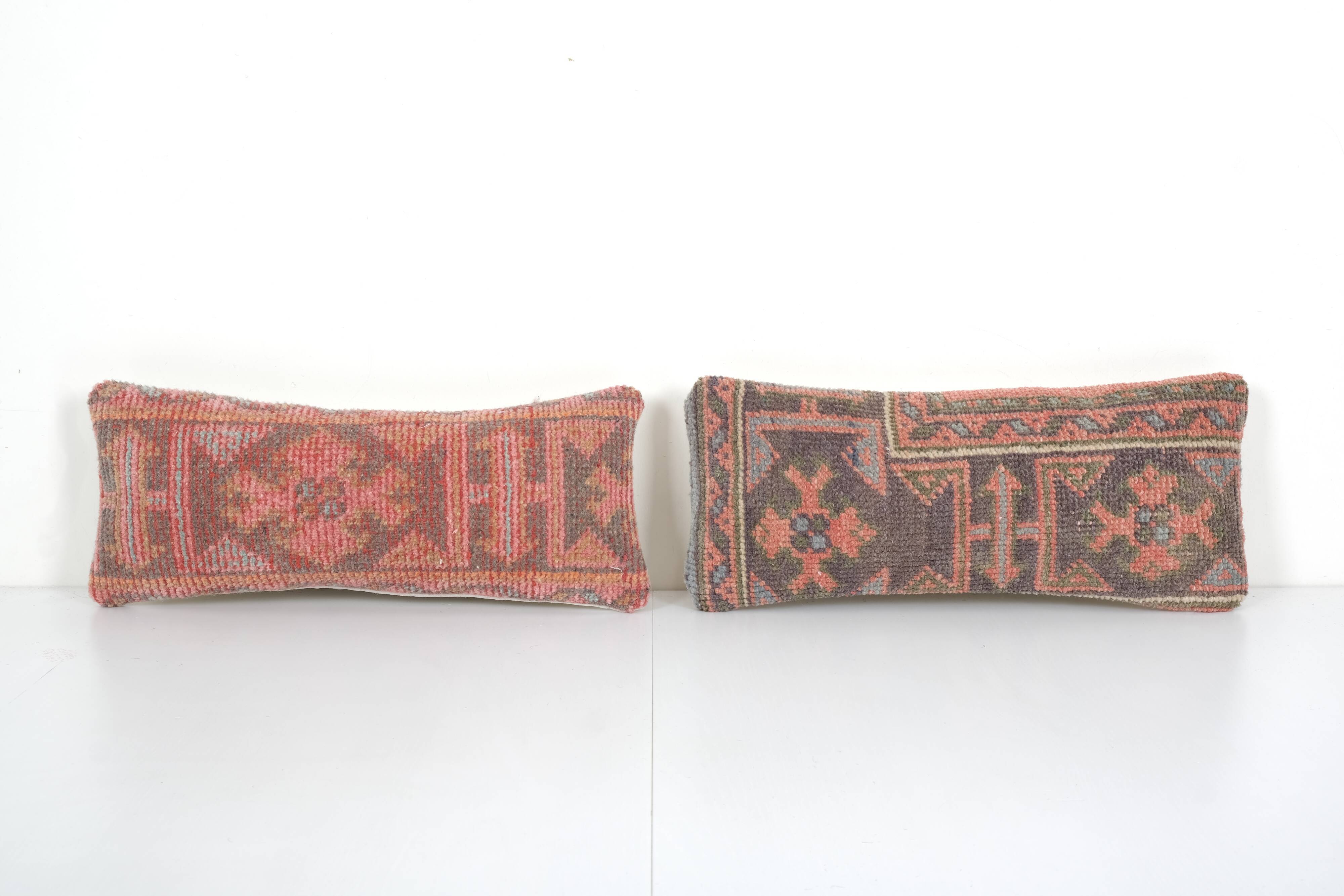 8" x 20" Set of Two Turkish Oushak Rug Pillow, Pair Muted Organic Wool Chair Pillow Case Fashioned