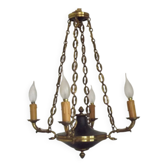 Lustre Empire à 4 lumières en bronze français ancien et tôle verte 5231