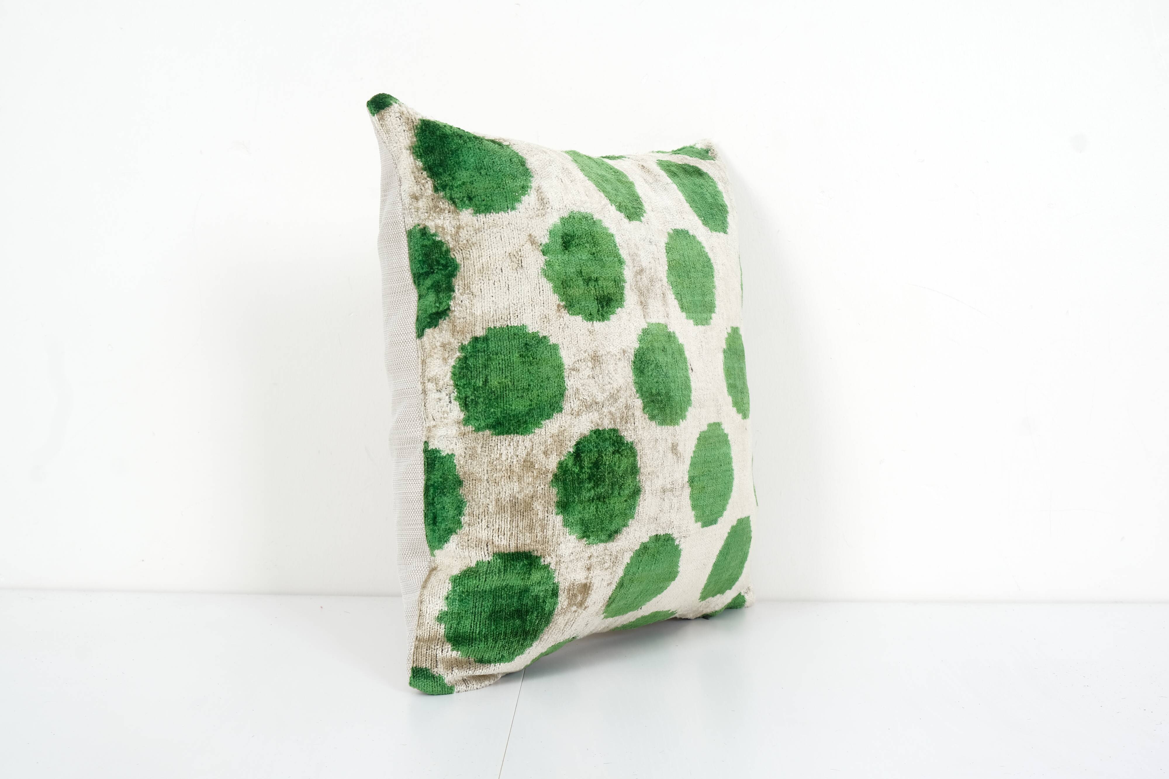 Ikat Velvet Pillow, Silk Cushion Cover, Square Green Polka Dot Pillows, Boho Chic Pillow Cover