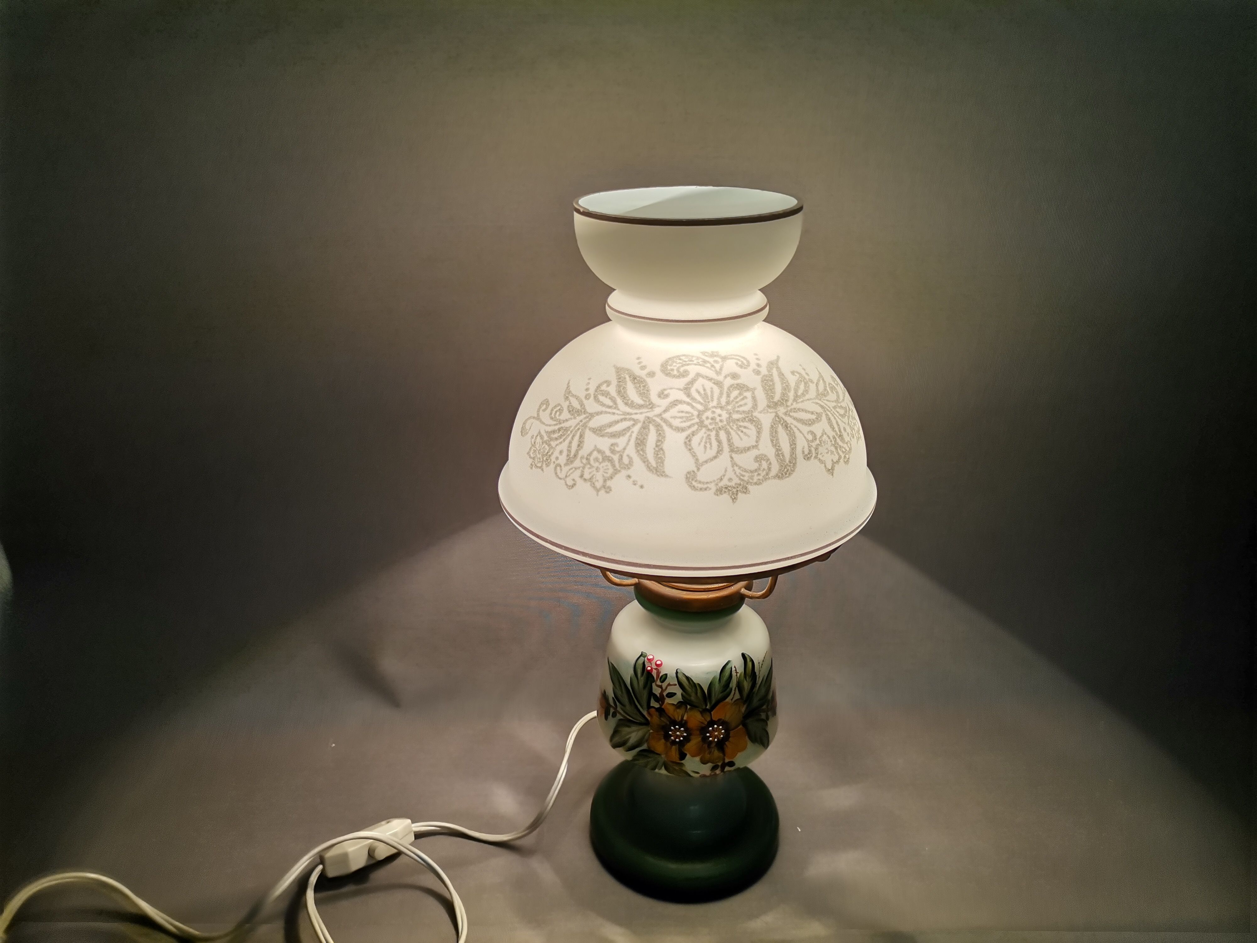 French country 1960s rustic green ceramic and glass vintage table lamp