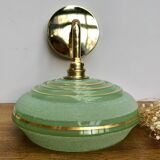 Applique abat-jour vintage en verre givré vert et doré