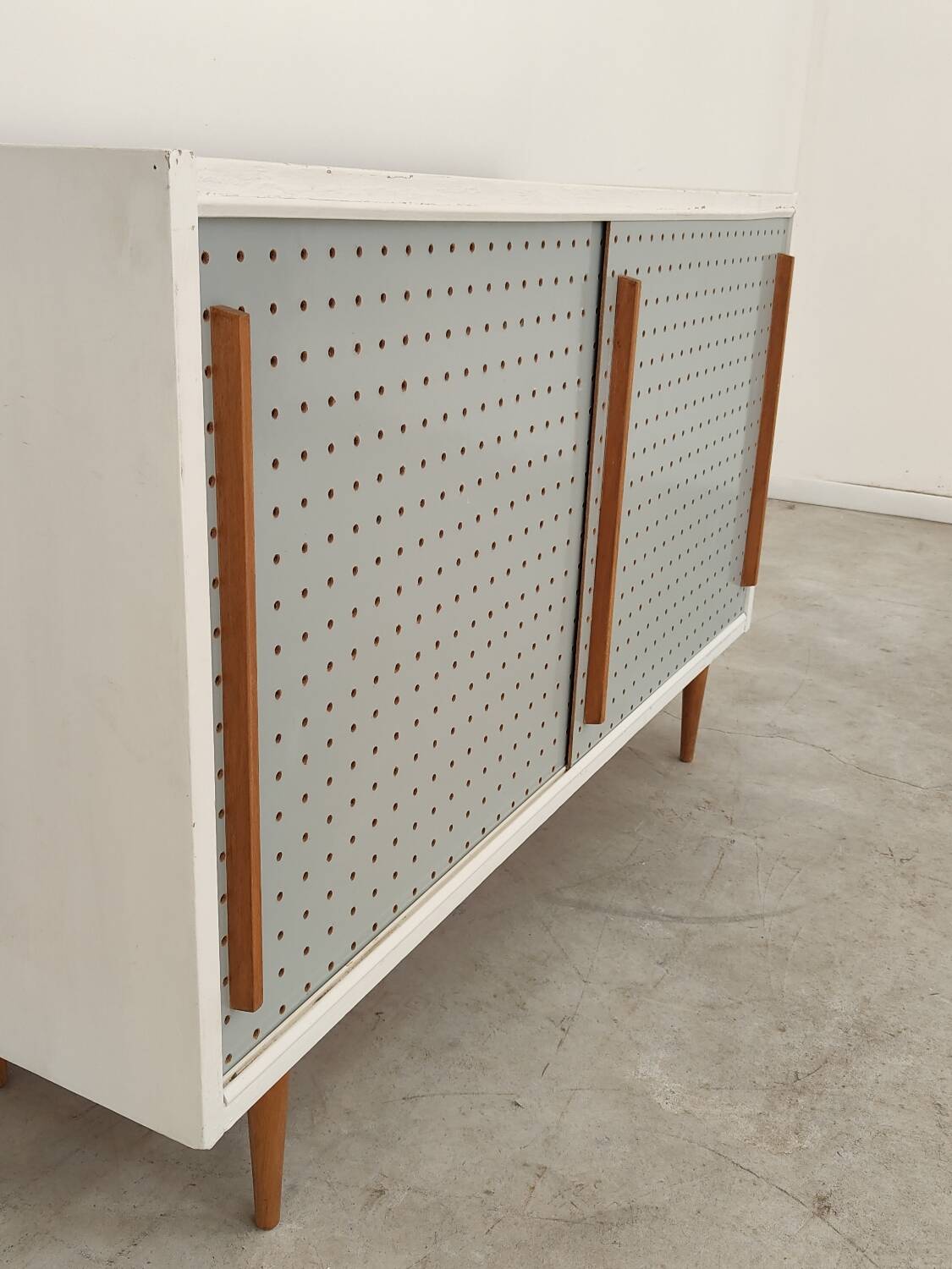 Blue and white chest of drawers by Drevopodnik Brno 1960