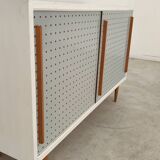 Blue and white chest of drawers by Drevopodnik Brno 1960