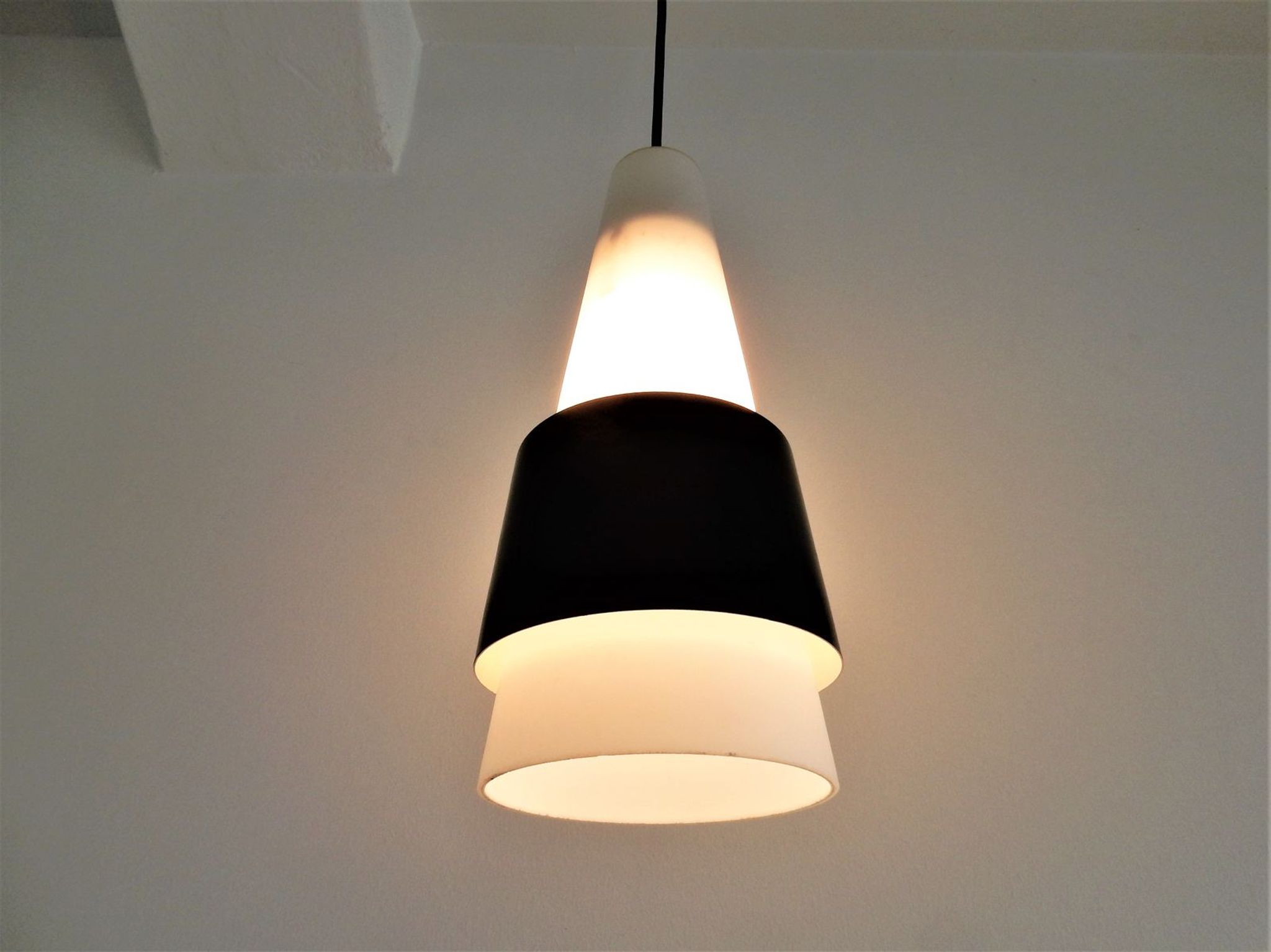 White Opalin Glass Suspension with Black Metal Ring, 1960s