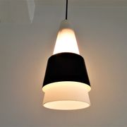 White Opalin Glass Suspension with Black Metal Ring, 1960s