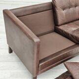 Années 1970, canapé classique danois 3 places, cuir marron d'origine.