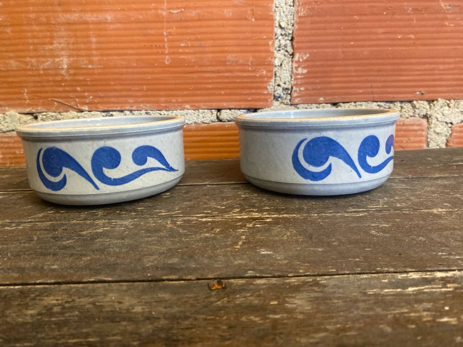 Pair of antique bowls handarbeit salt glaze blue decor vintage #d662