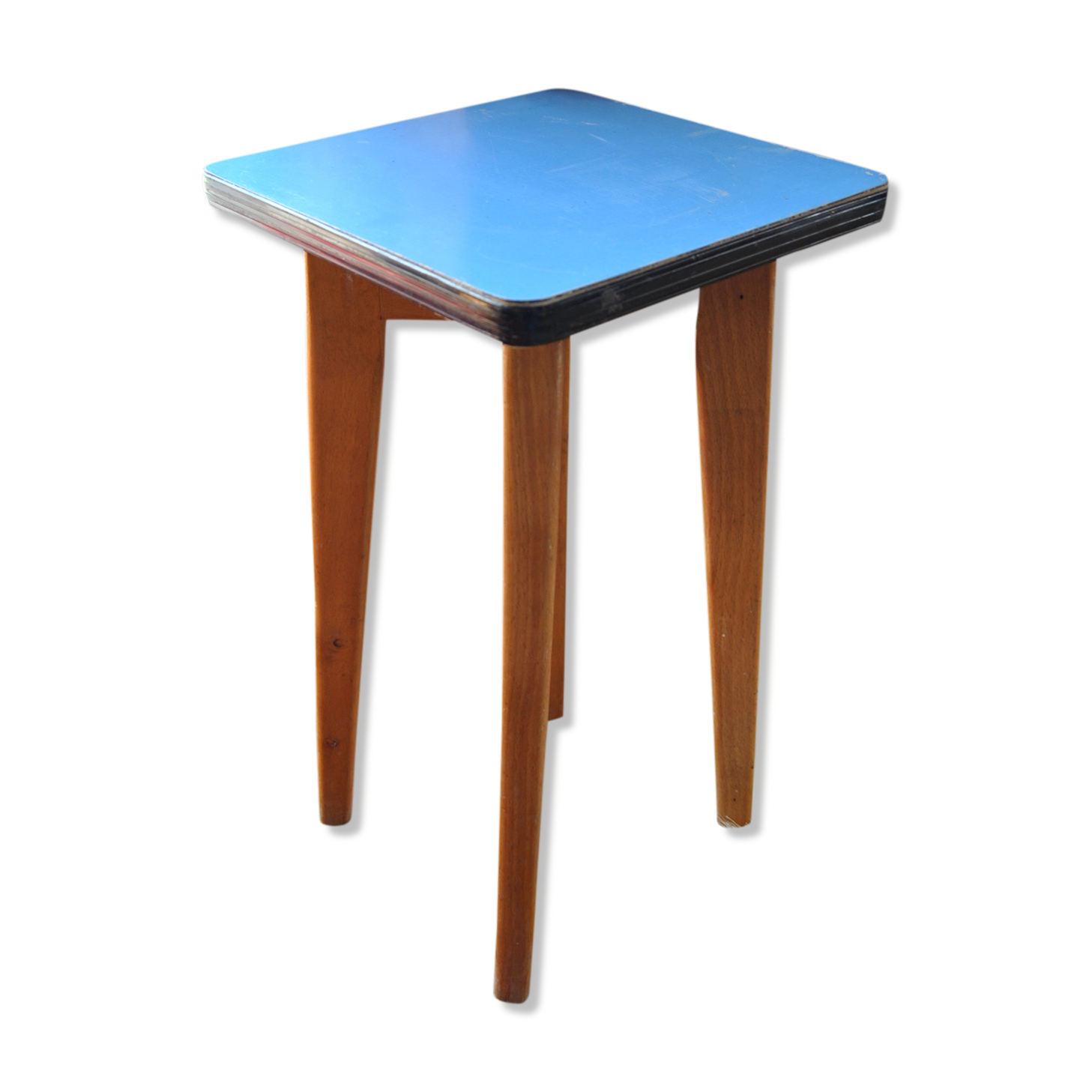 Tabouret bois et formica bleu - Années 50/60