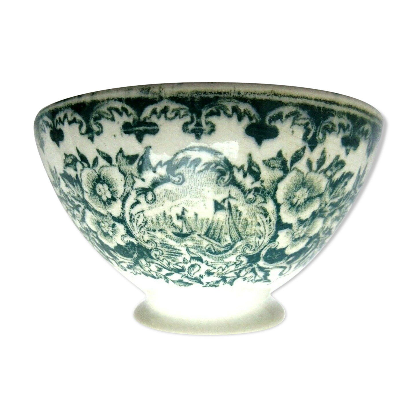Bol ancien fleuri gris-bleu avec 2 tableaux de voiliers et Rose des vents au fond