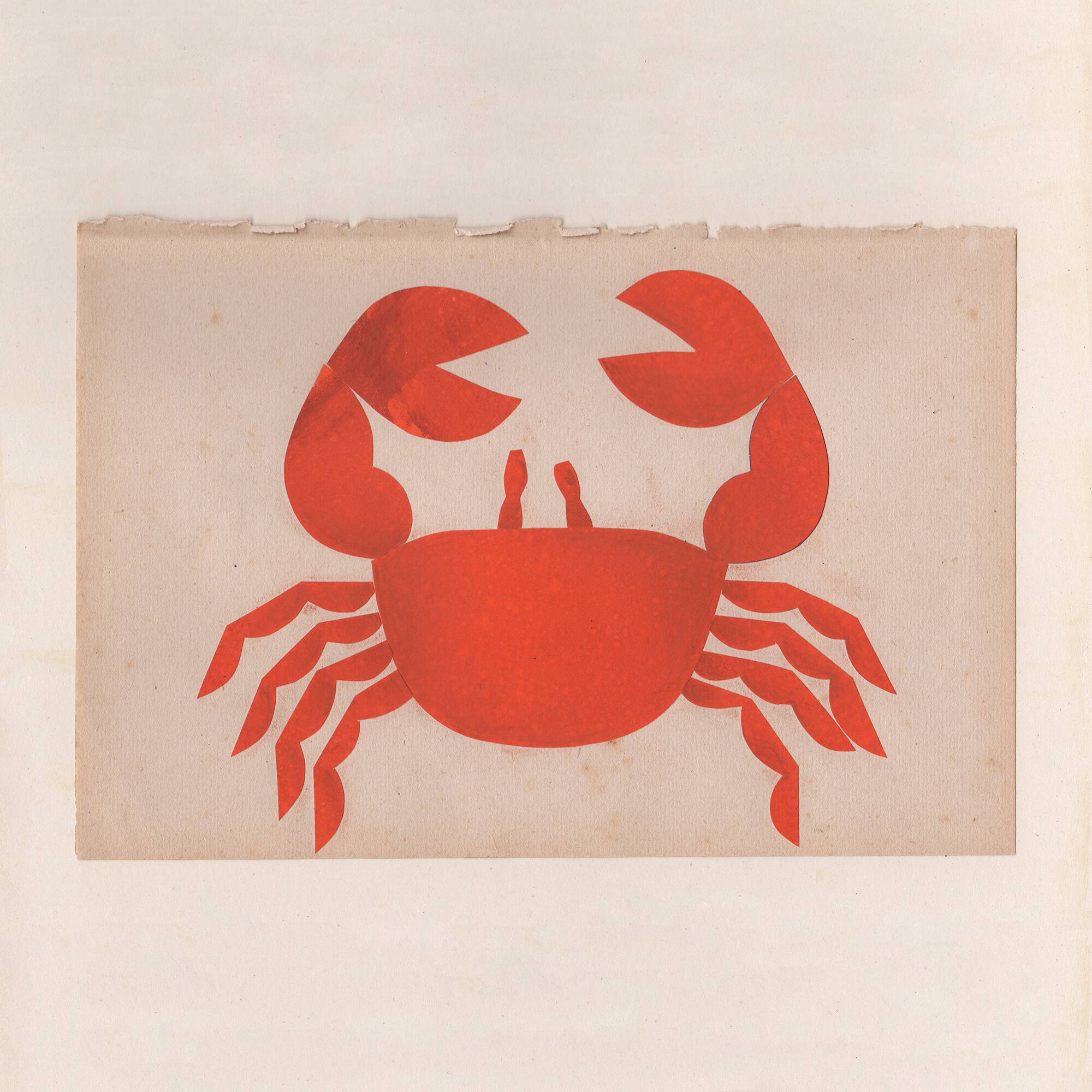 Collage on old paper, illustration of a red crab signed Eawy