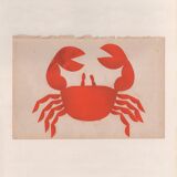 Collage on old paper, illustration of a red crab signed Eawy