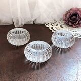 Trio of salt shakers, pepper shakers, molded glass salt shakers