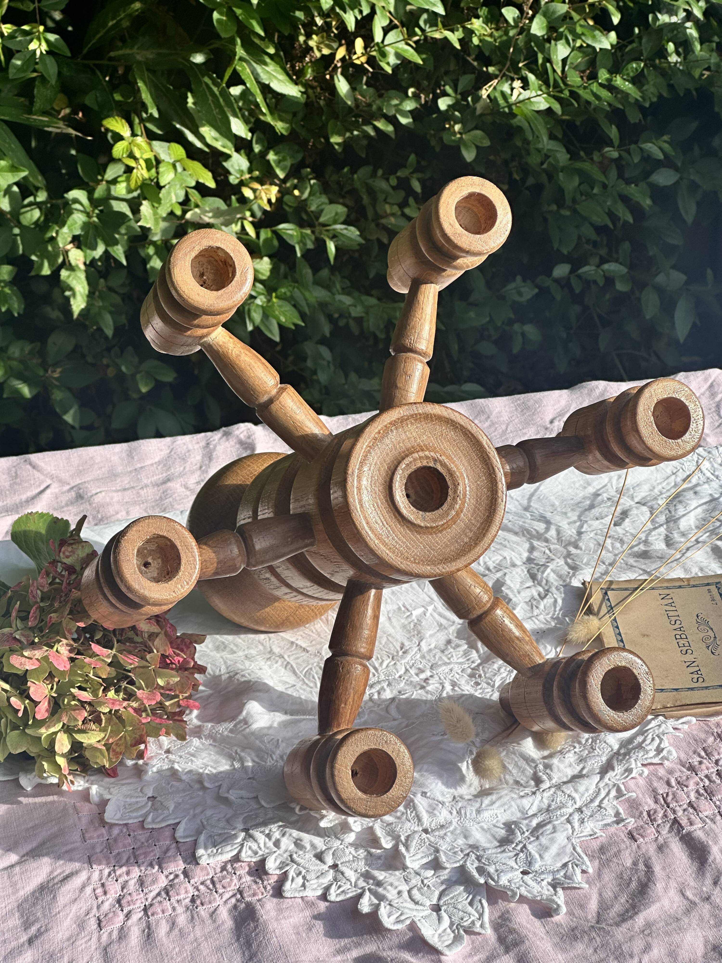 Vintage Scandinavian Candle Holder in Natural Wood, 60s Design - 7 Candles