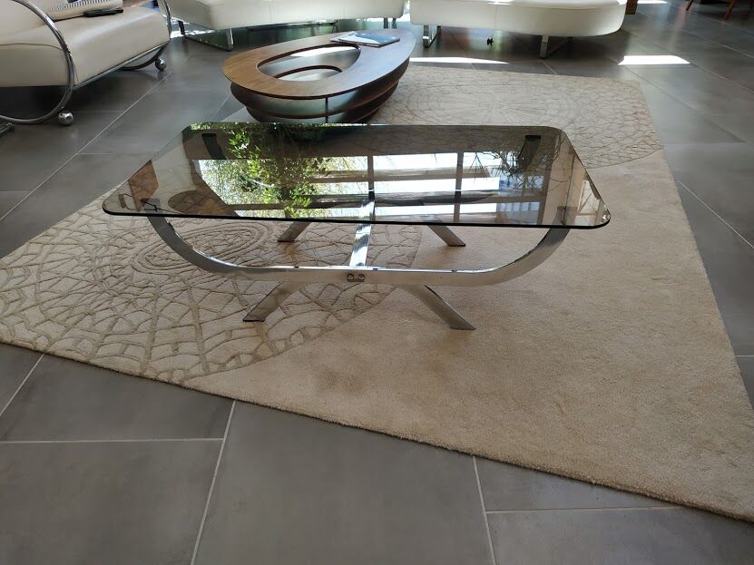 Rectangular chrome metal coffee table and 70s smoked glass