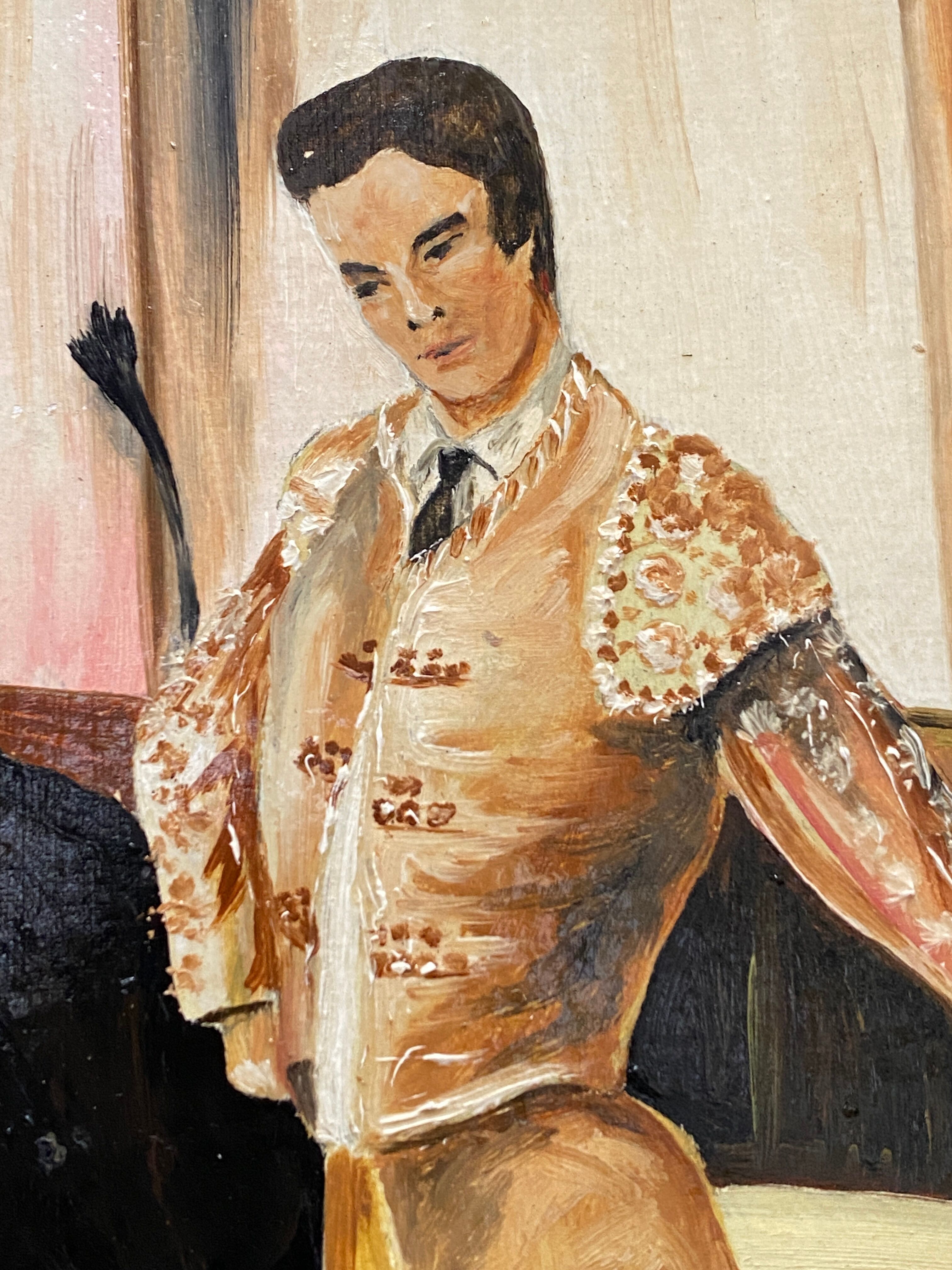 Oil on panel matador bullfighter and bull