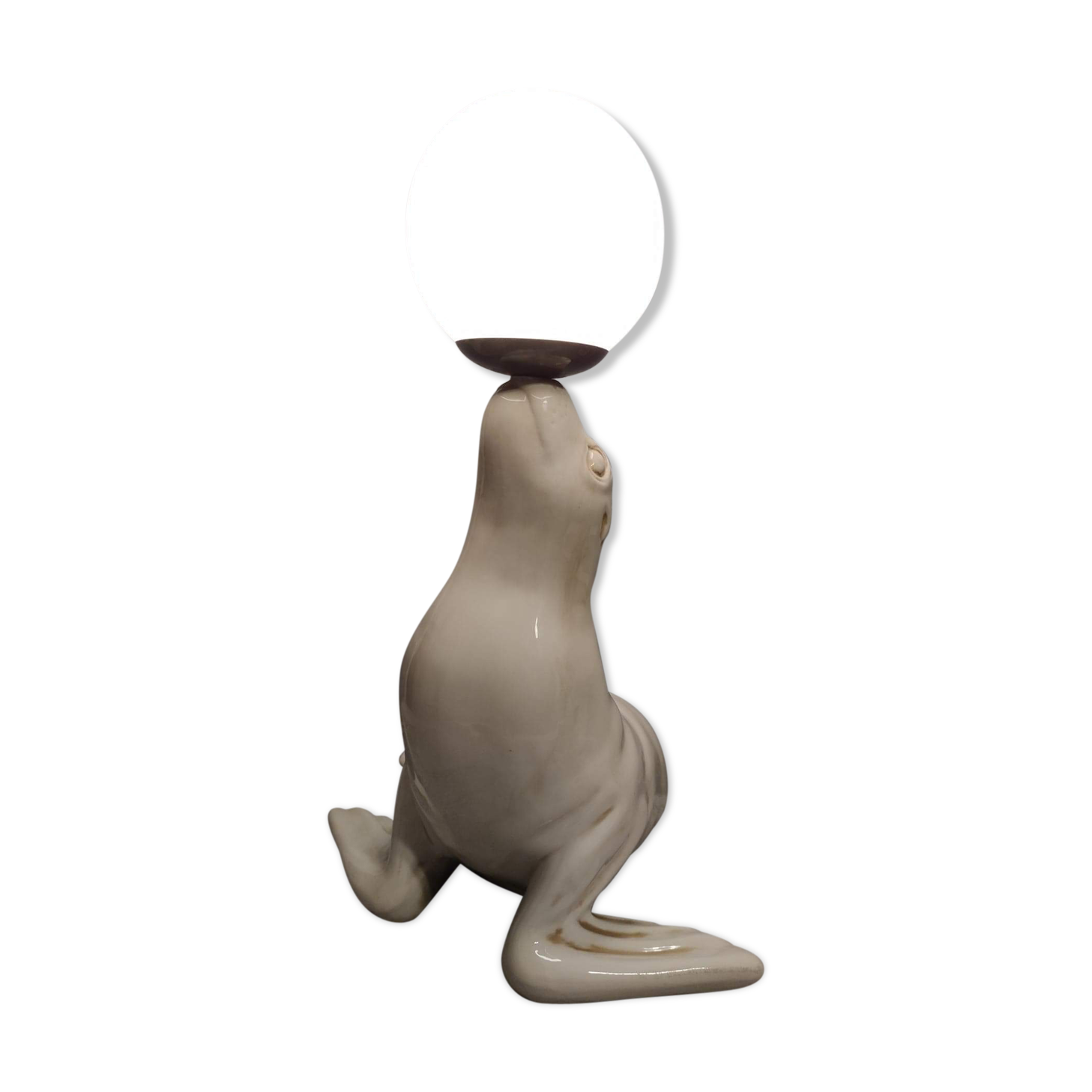 White ceramic sea lion lamp and opaline globe