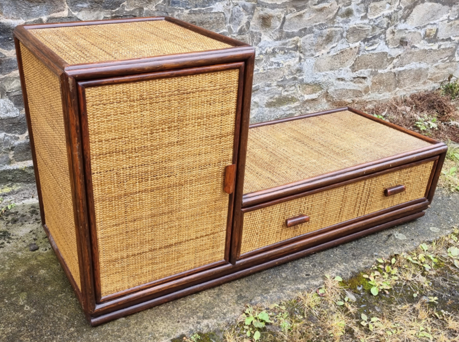 Storage cabinet in bamboo and vintage wicker, 60s