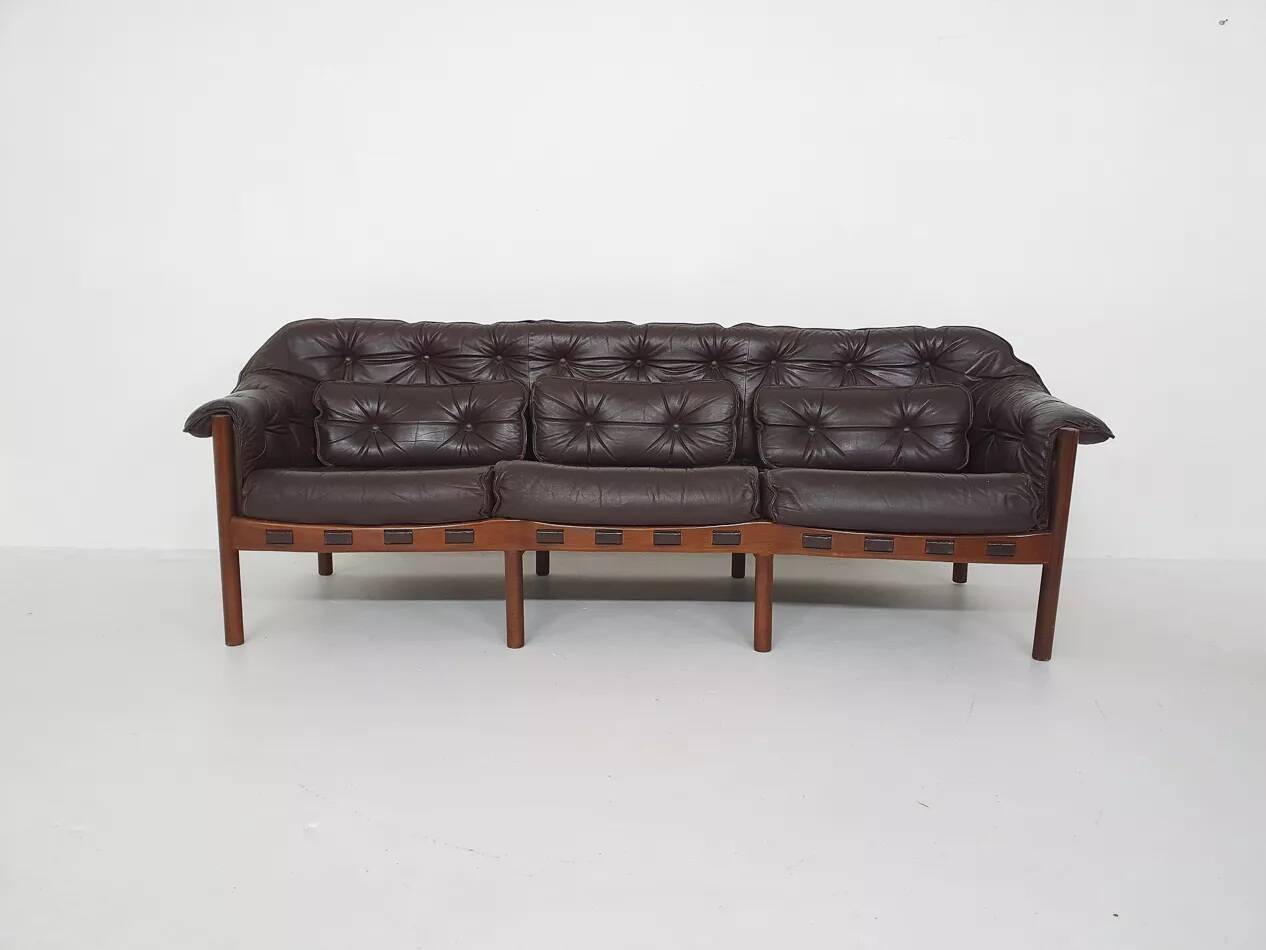 Rosewood and brown leather sofa by Sven Ellekaer & Norell for Coja Sweden