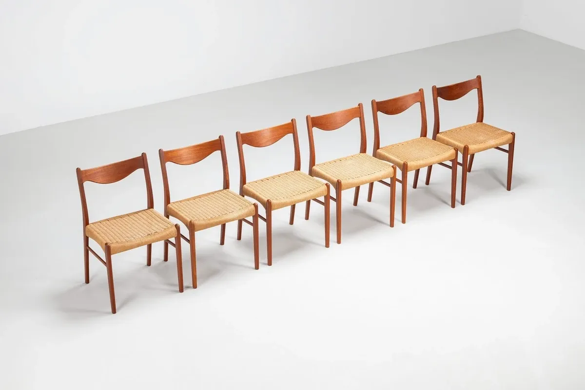 Arne Wahl Iversen set of six teak dining chairs Glyngore Denmark 1960