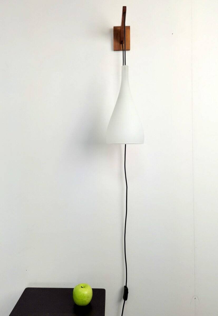 Vintage Tear Drop Wall Lamp in Teak and White Glass, Denmark, 1960s