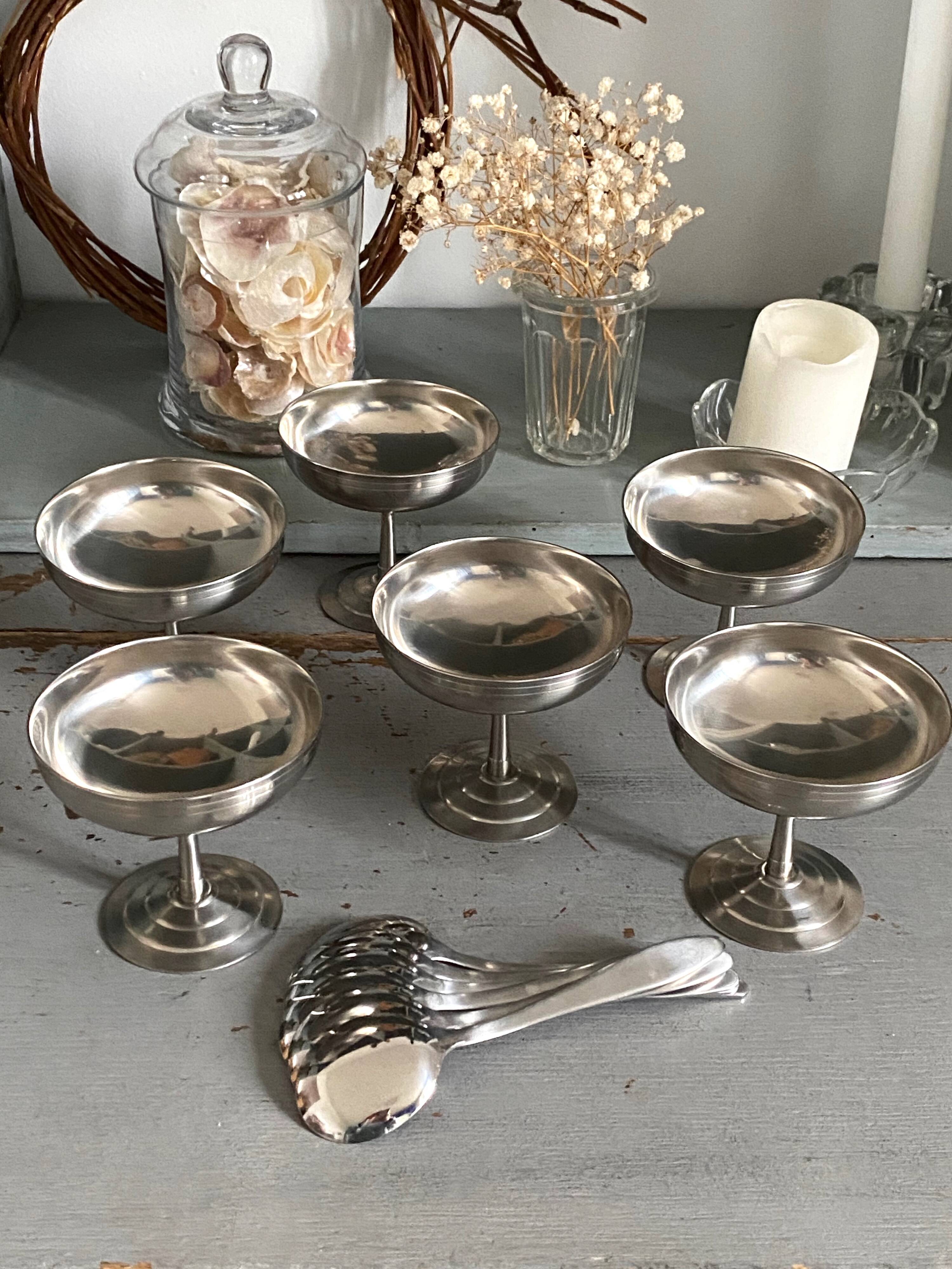 Ice cream cup with spoons, vintage stainless steel