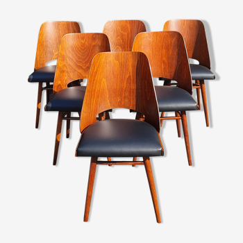Set of 6 TON 514 Chairs in Leather and Walnut y by Hofman & Haerdtl, Czech Mid-Century 1960s