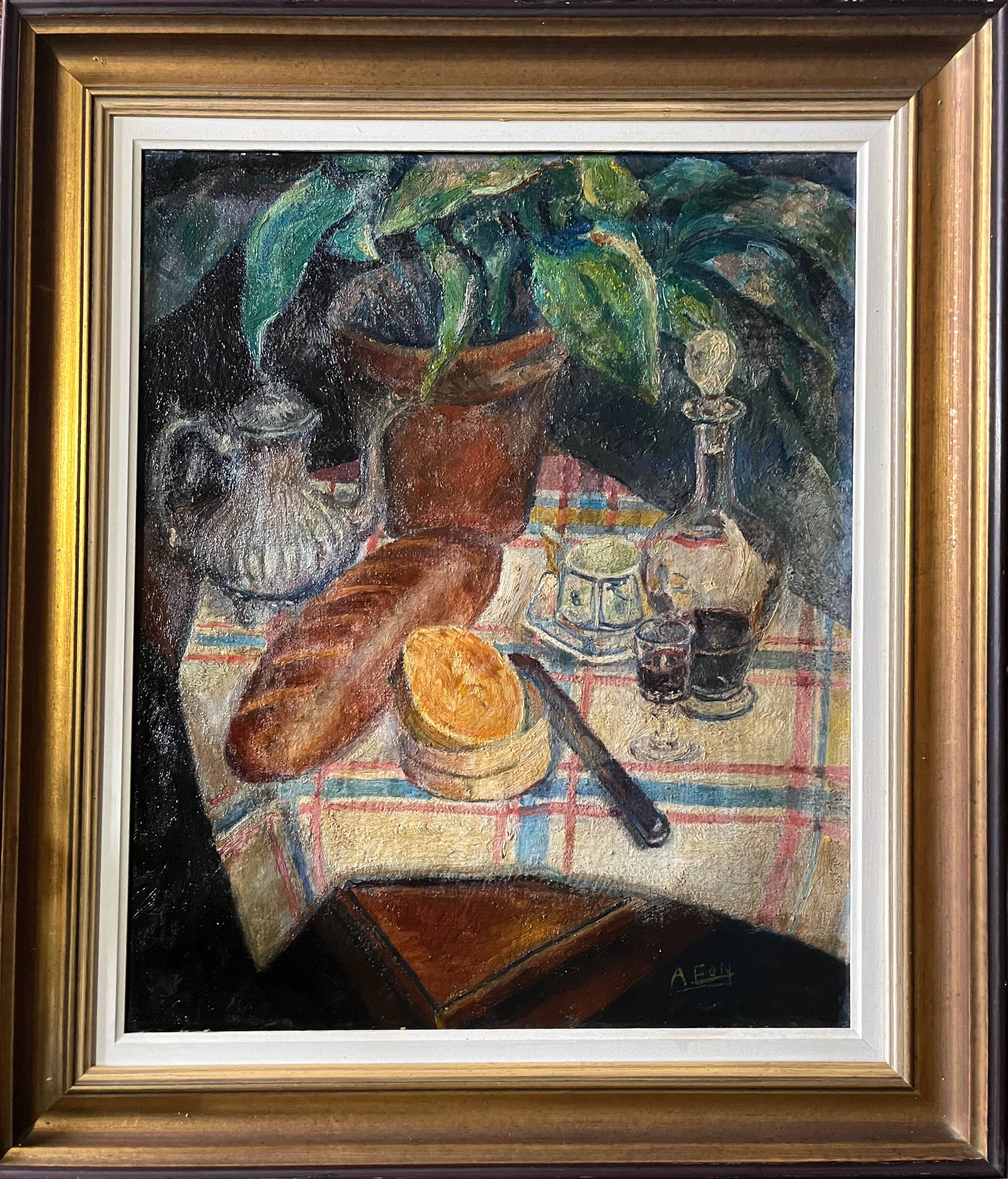 HST painting "Still life with cheese and wine" circa 1950 A. Eon (born in 1923)