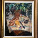 HST painting "Still life with cheese and wine" circa 1950 A. Eon (born in 1923)