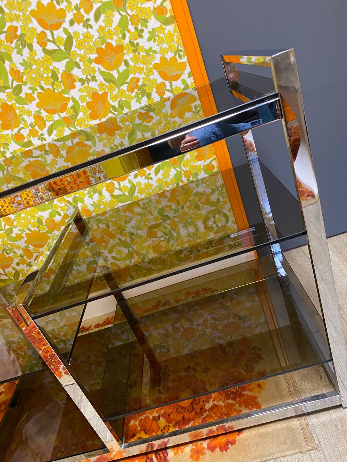 Vintage 70s chrome and smoked glass console