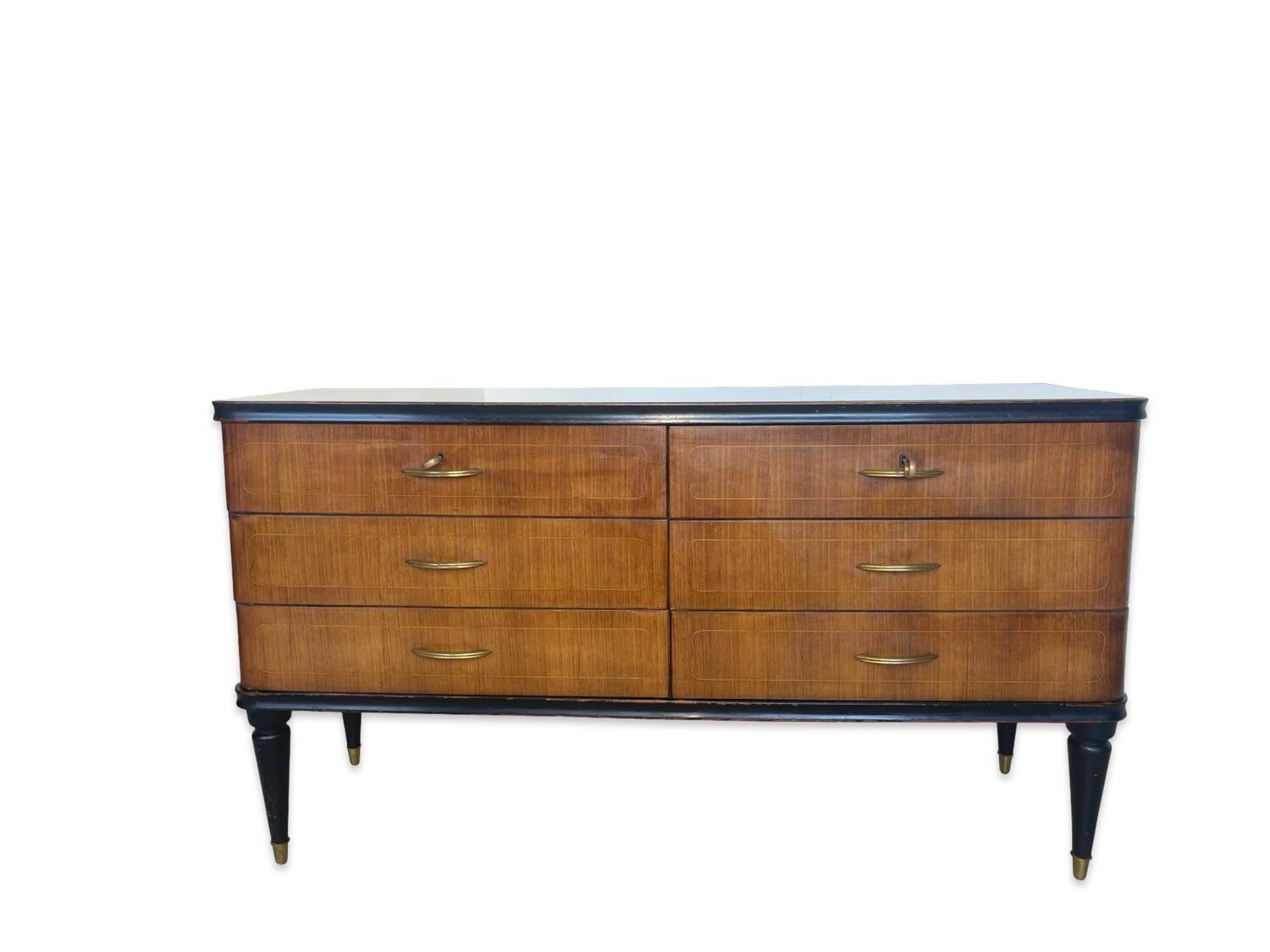 Commode en acajou plaqué avec plateau en verre vert, années 1950