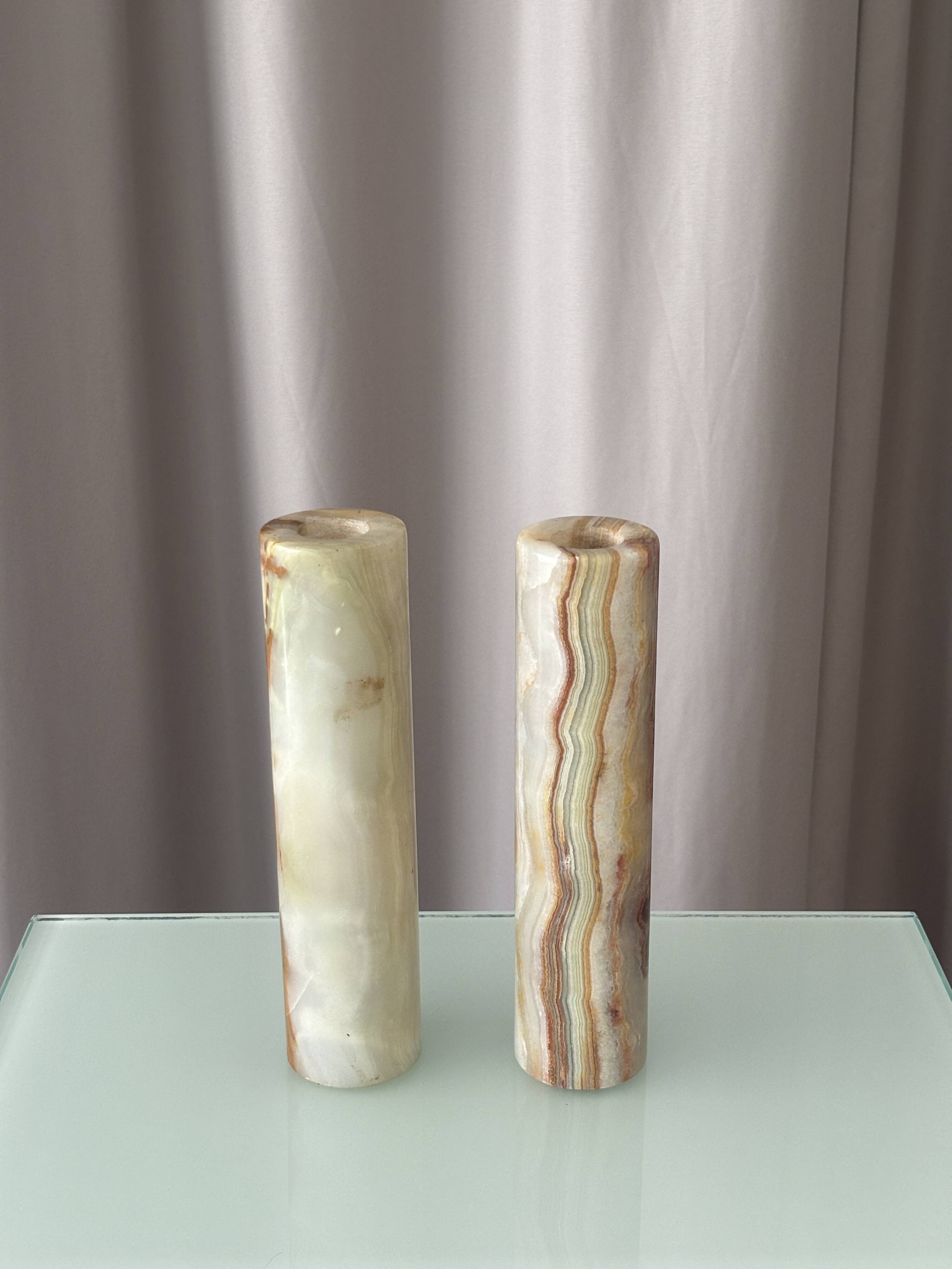 Vintage Alabaster Bud Vases / Candlesticks – Pair – Italian Stone – 20 cm