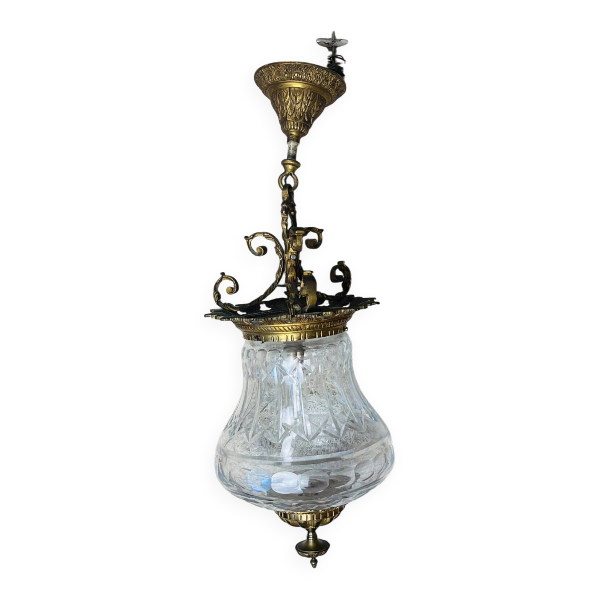 Ancienne lanterne en bronze et cristal taillé