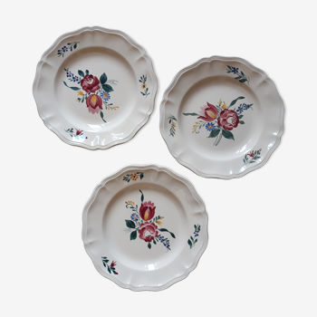 set of 3 flat plates ivory flowers Sarreguemines