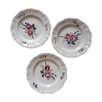 set of 3 flat plates ivory flowers Sarreguemines