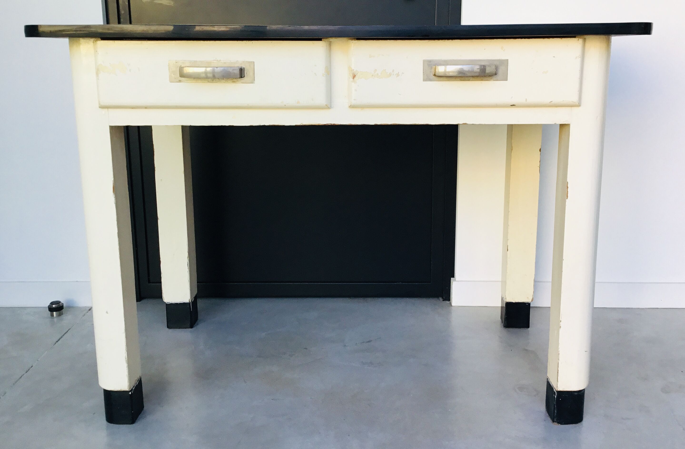 Kitchen table with drawers formica tray wooden footing 1950