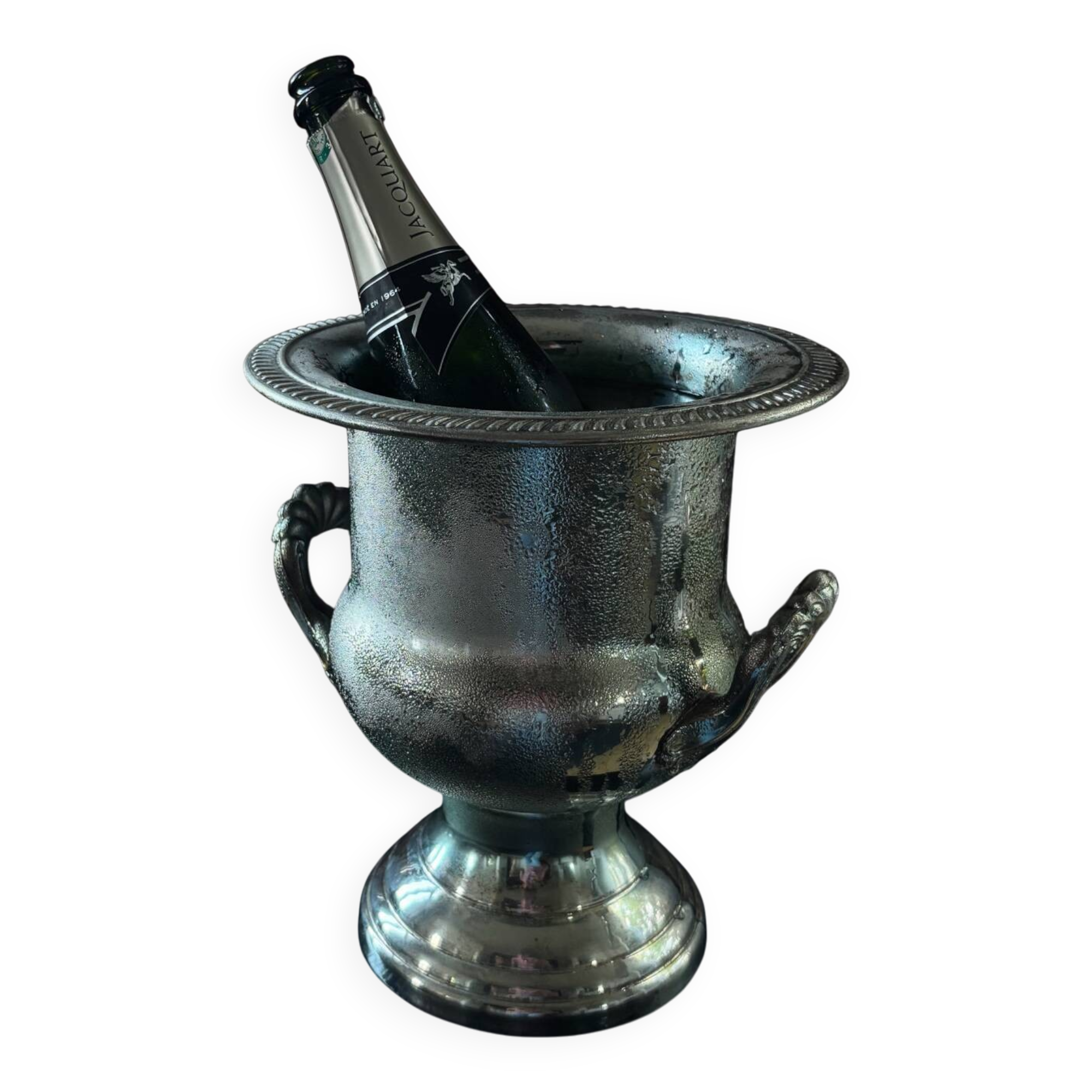 Silver metal champagne bucket.
