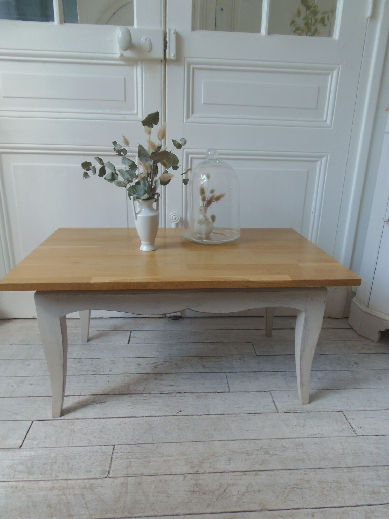 Vintage coffee table patinated pearl gray waxed finish, top against glued varnished oak