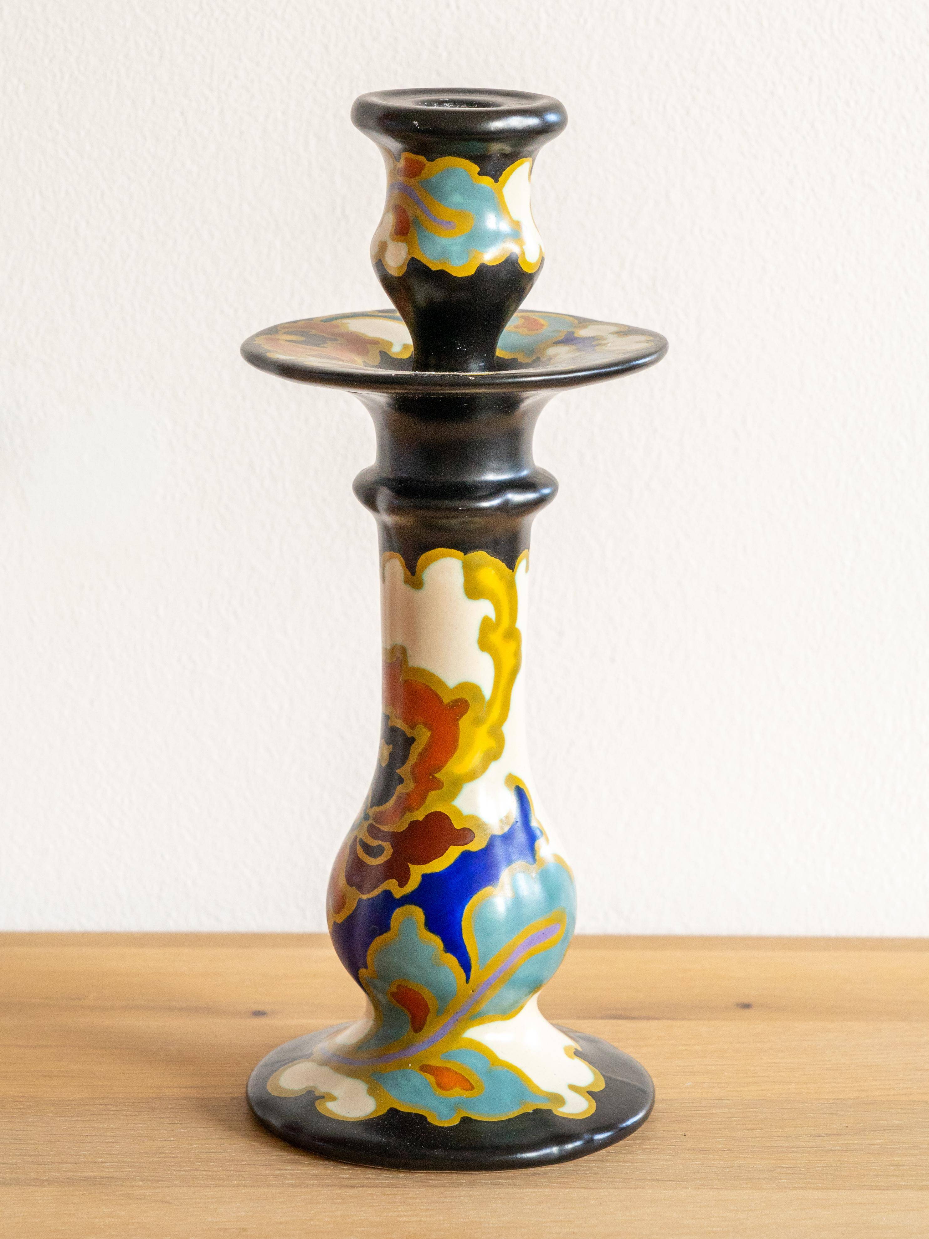 Hand-painted ceramic candlestick in Art Deco Revival style, Dutch Gouda pottery.