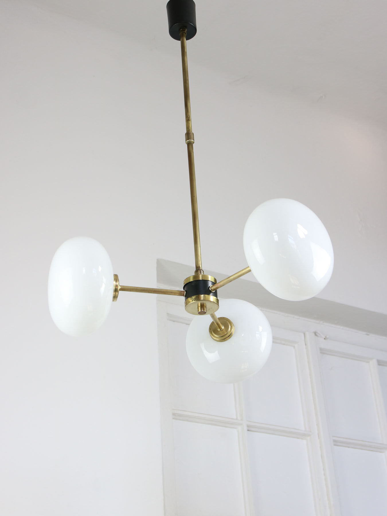 Mid-century brass and opaline glass chandelier